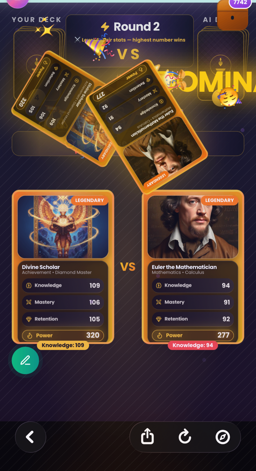 Battle Arena victory celebration with cards flying across the screen